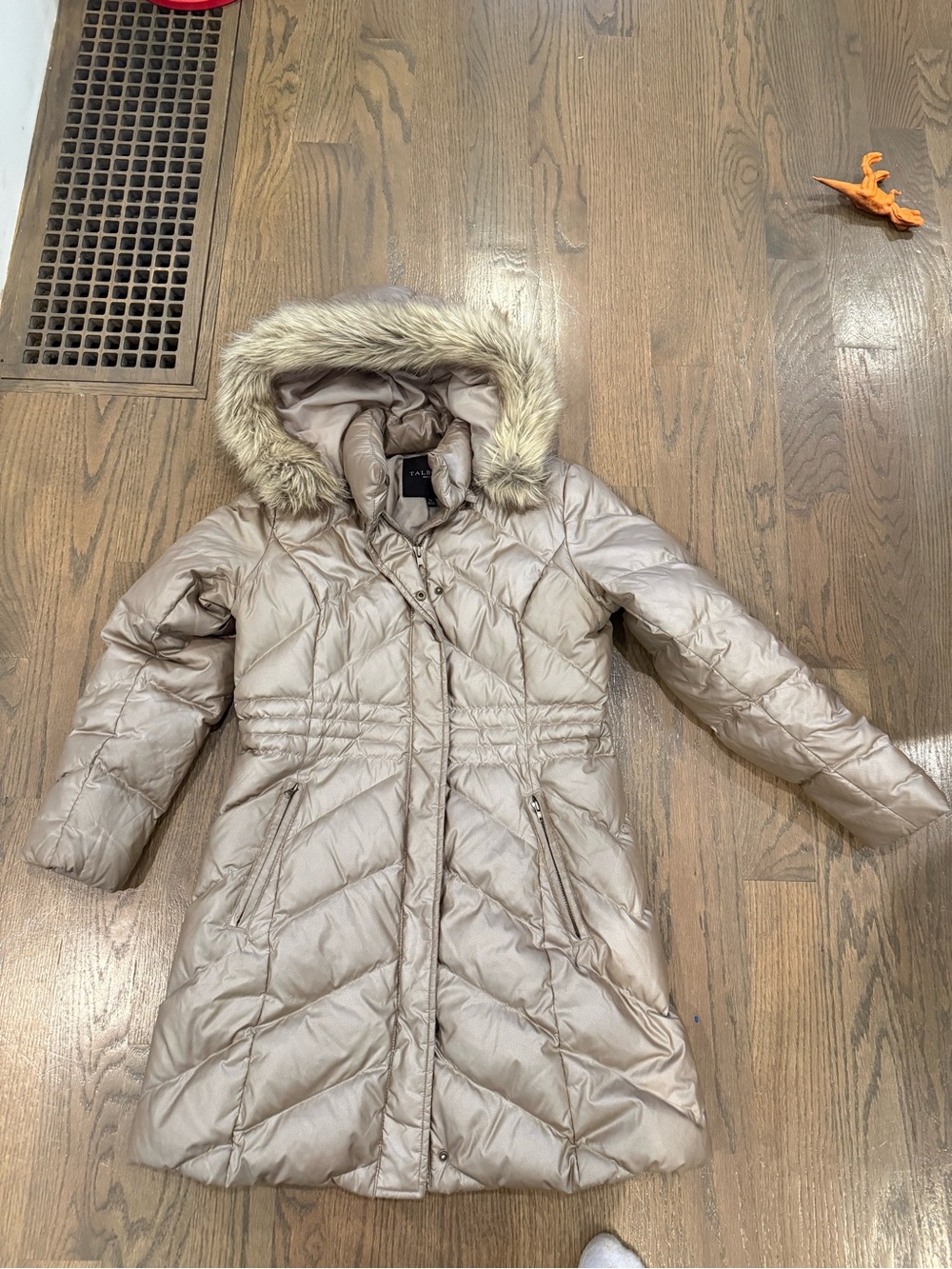 Talbots Women’s Hooded Quilted Puffer Coat in Taupe/Gold with Faux-Fur Trim